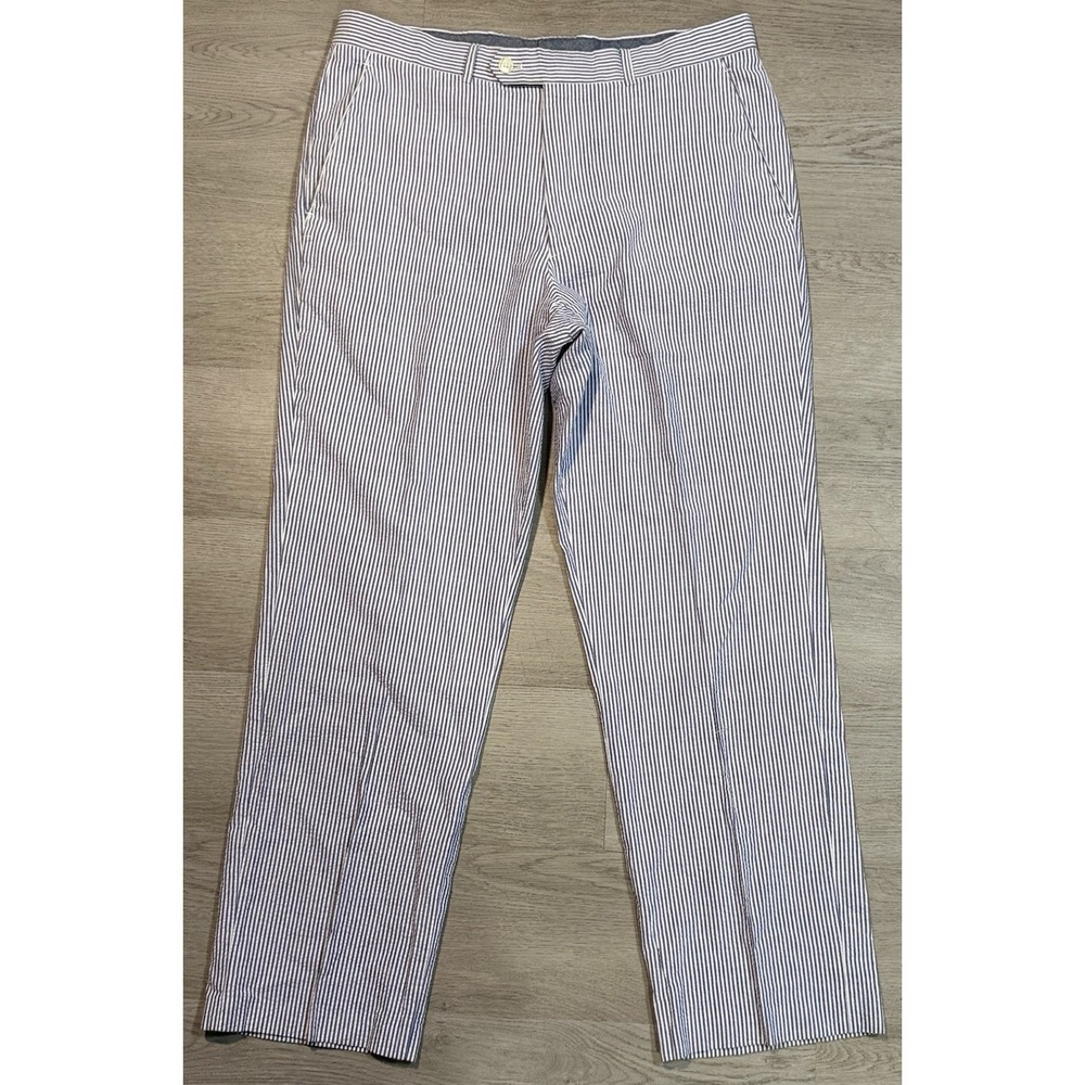 Alan Flusser Seersucker Pants Men's Size 34x30 Blue White Stripe Cotton Preppy